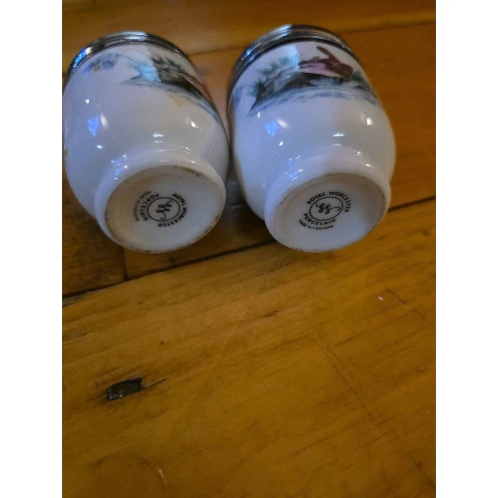 Royal Worcester Set Of 2 Birds Egg Coddlers Porcelain Chrome Lid England VINTAGE
